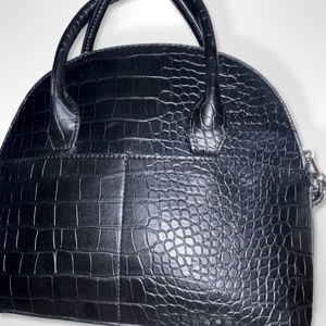 BLACK VEGAN LEATHER CROCO DOME SATCHEL WITH DETACHABLE CROSS BODY STRAP